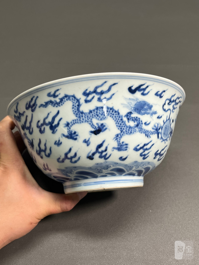 清康熙  青花“双龙捧福寿”纹大碗 - 图8